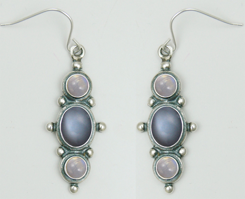 Sterling Silver Drop Dangle Earrings With Grey And Rainbow Moonstones